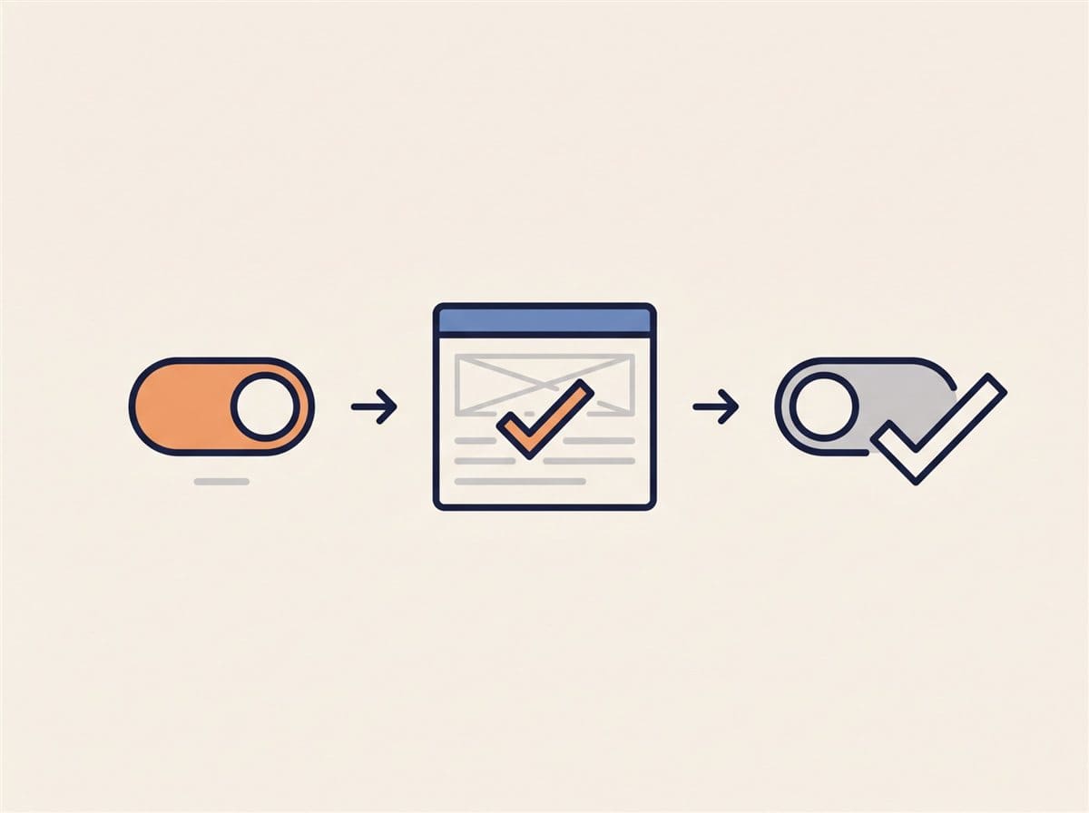 Three-step illustration: a switch turned on, a web page with a checkmark, and a switch turned off with a checkmark